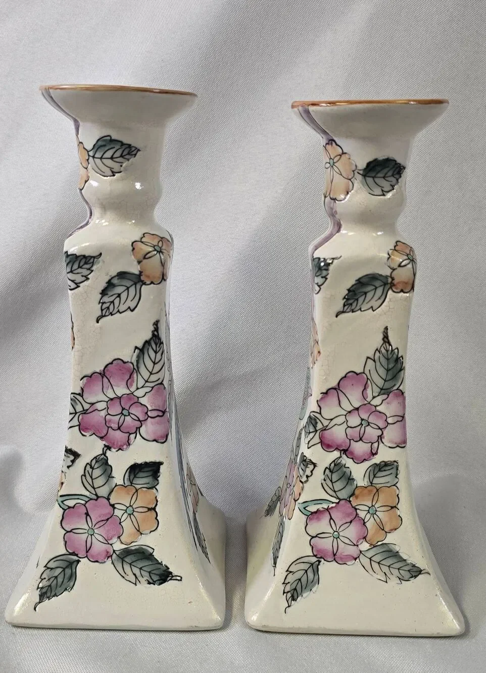 Vintage Hand-Painted Macau Porcelain Candlestick Holders - Floral Chinoiserie Pa